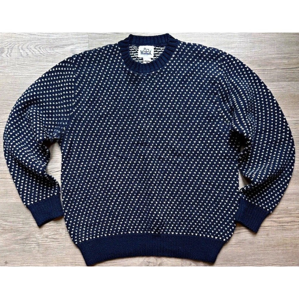 Vintage Woolrich Birdseye Sweater Men's XL Navy White 100% Wool Made USA Nordic